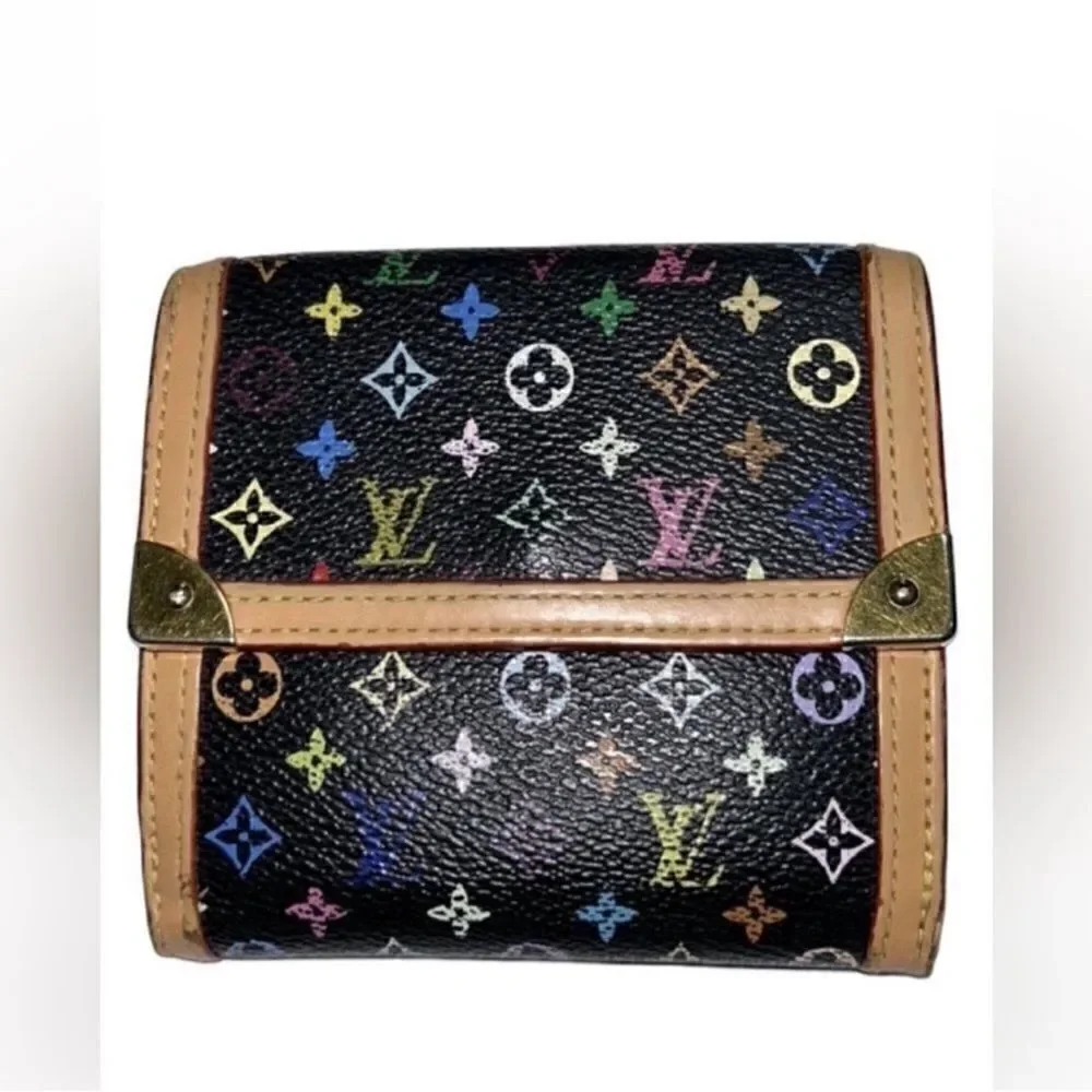 Authentic Louis Vuitton Murakami Black Multicolor Compact Leather Wallet